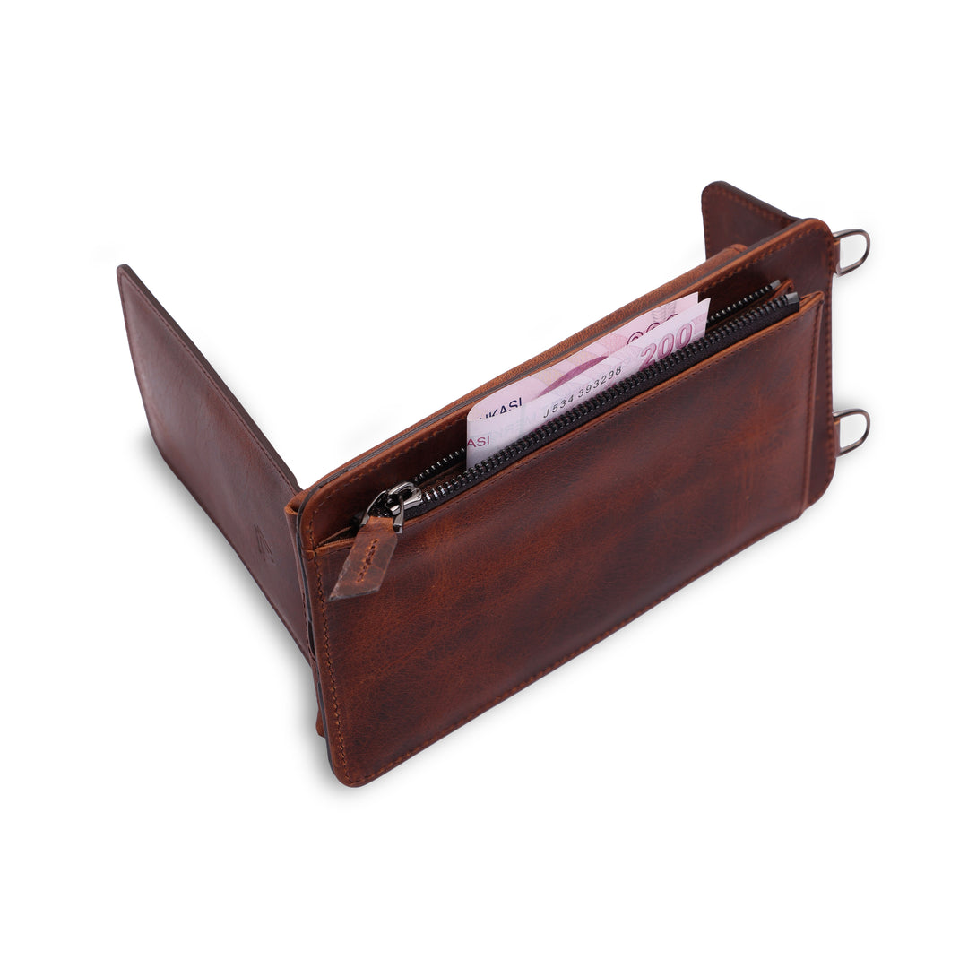 Boyun Askılı Cüzdanlı El Yapımı Hakiki Deri Telefon Kılıfı