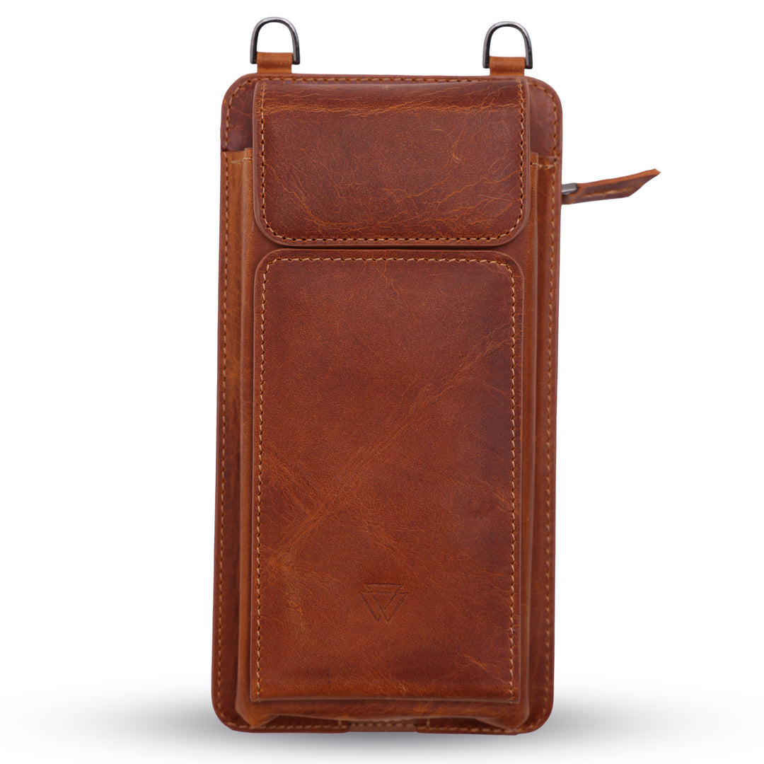 Boyun Askılı Cüzdanlı El Yapımı Hakiki Deri Telefon Kılıfı