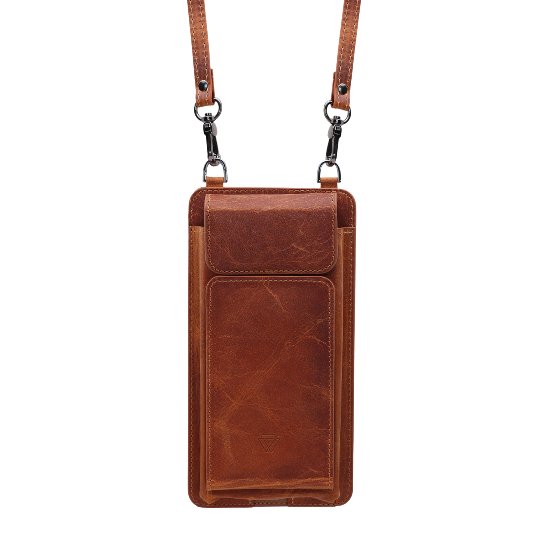 Boyun Askılı Cüzdanlı El Yapımı Hakiki Deri Telefon Kılıfı