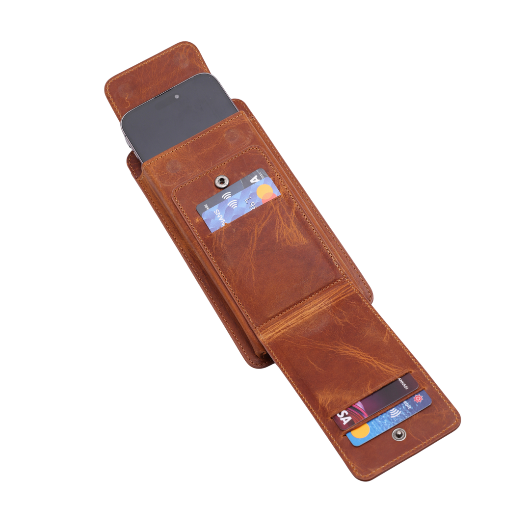 Boyun Askılı Cüzdanlı El Yapımı Hakiki Deri Telefon Kılıfı