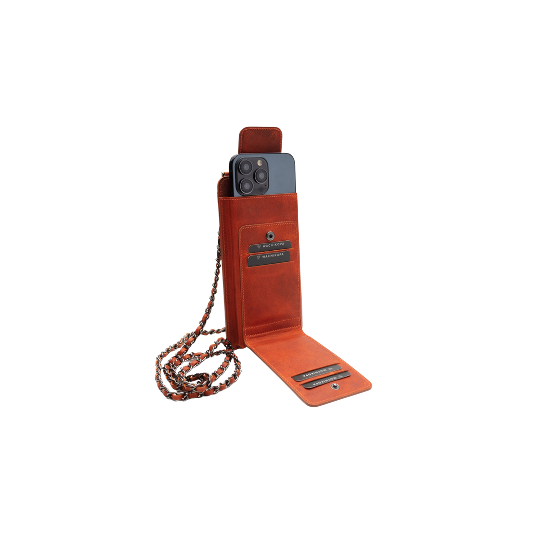 Boyun Askılı Cüzdanlı El Yapımı Hakiki Deri Telefon Kılıfı