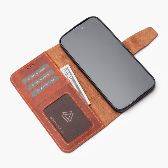 Deri Multi Wallet iPhone 12/12 Pro kılıf açık halde cüzdan görünümü – amber